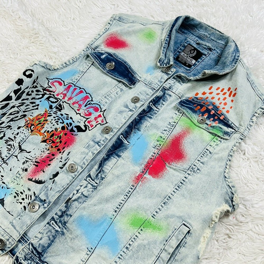 Black Pike Mens Graffiti Paint Splatter Cheetah Jungle Denim Jean Vest Savage XL